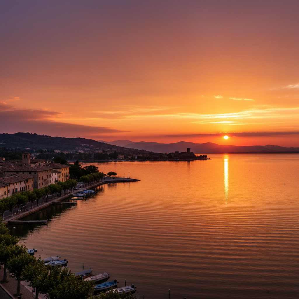 Tramonto spettacolare sul Lago di Bracciano visto da Trevignano Romano con riflessi dorati