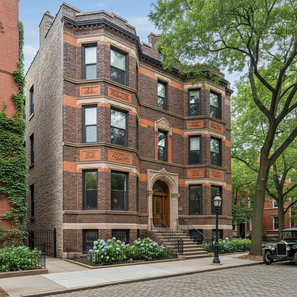 Pre-1920 brick six-flat at 3304 S Halsted with repaired spalling and fresh mortar joints
