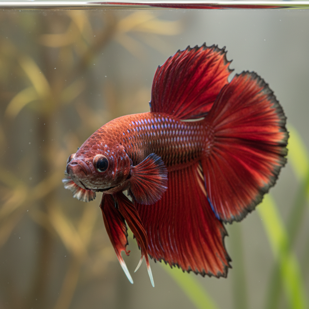 Deep red dragonscale betta fish with metallic scaled pattern and dramatic fins