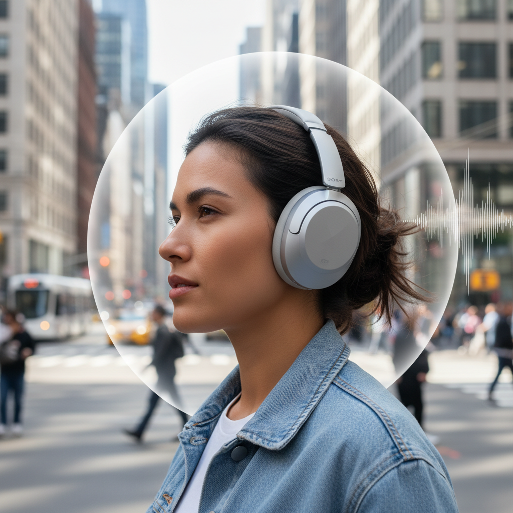 Sony headphones worn by person showing noise cancellation in use