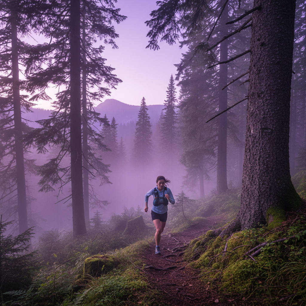Trail runner in misty mountain forest at dawn, violet light filtering through pine trees