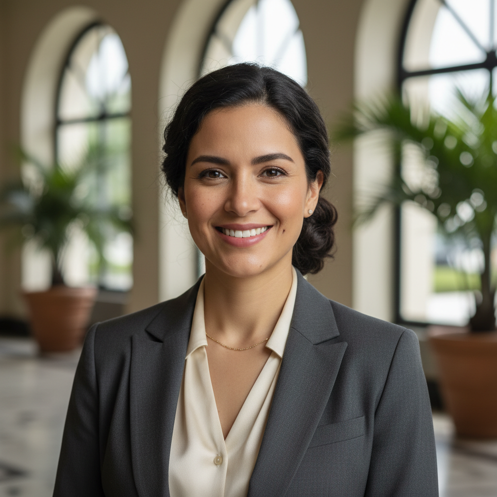 Professional woman smiling, warm expression, natural lighting