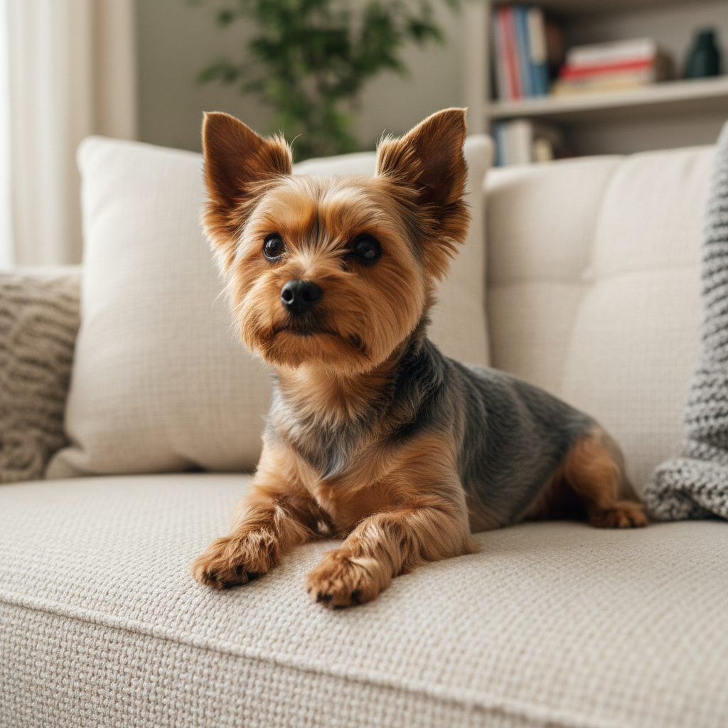 Small Yorkie terrier sitting calmly on a cozy apartment couch in Brooklyn
