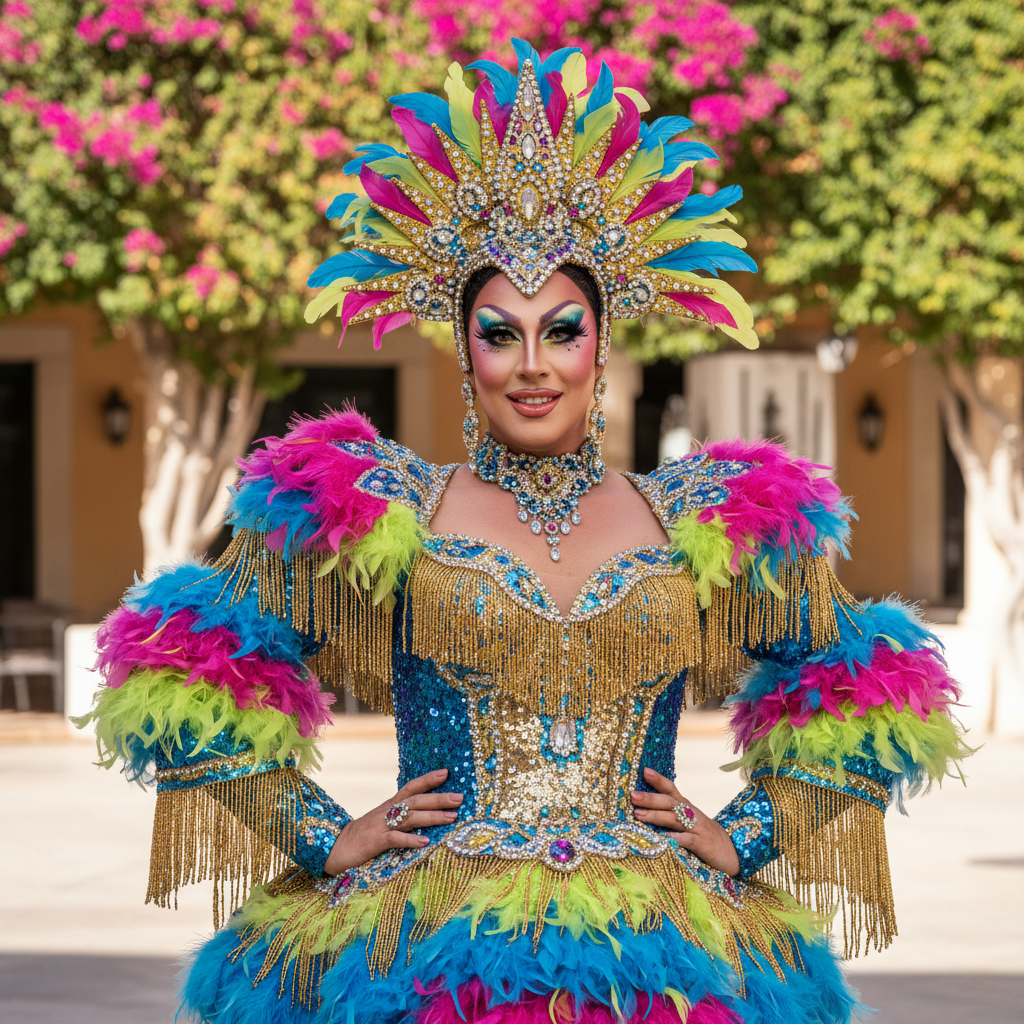 Drag performer Valentina Cruz in elaborate costume with colorful makeup at pride event