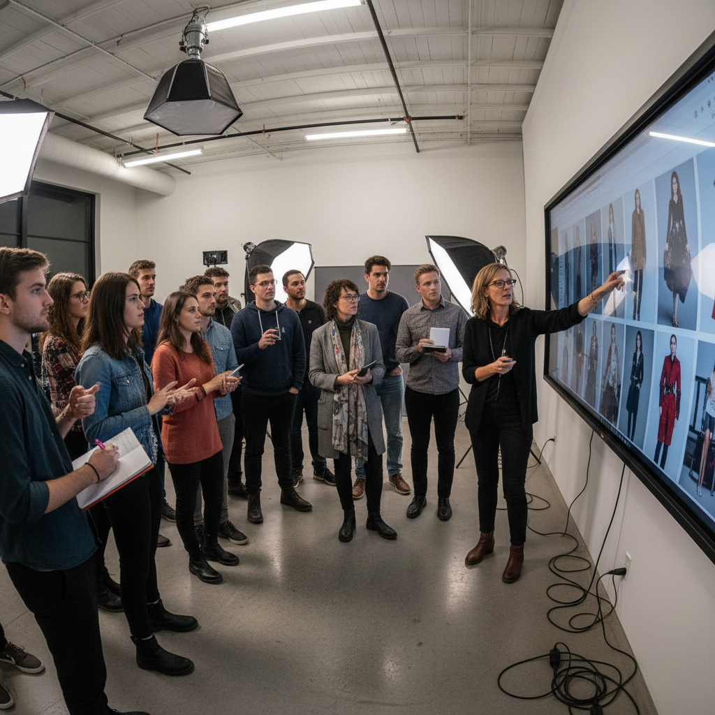 Photographer reviewing images on camera screen in documentary photography workshop