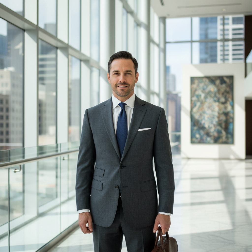 Well-dressed professional in tailored charcoal suit in Midtown Manhattan office building lobby