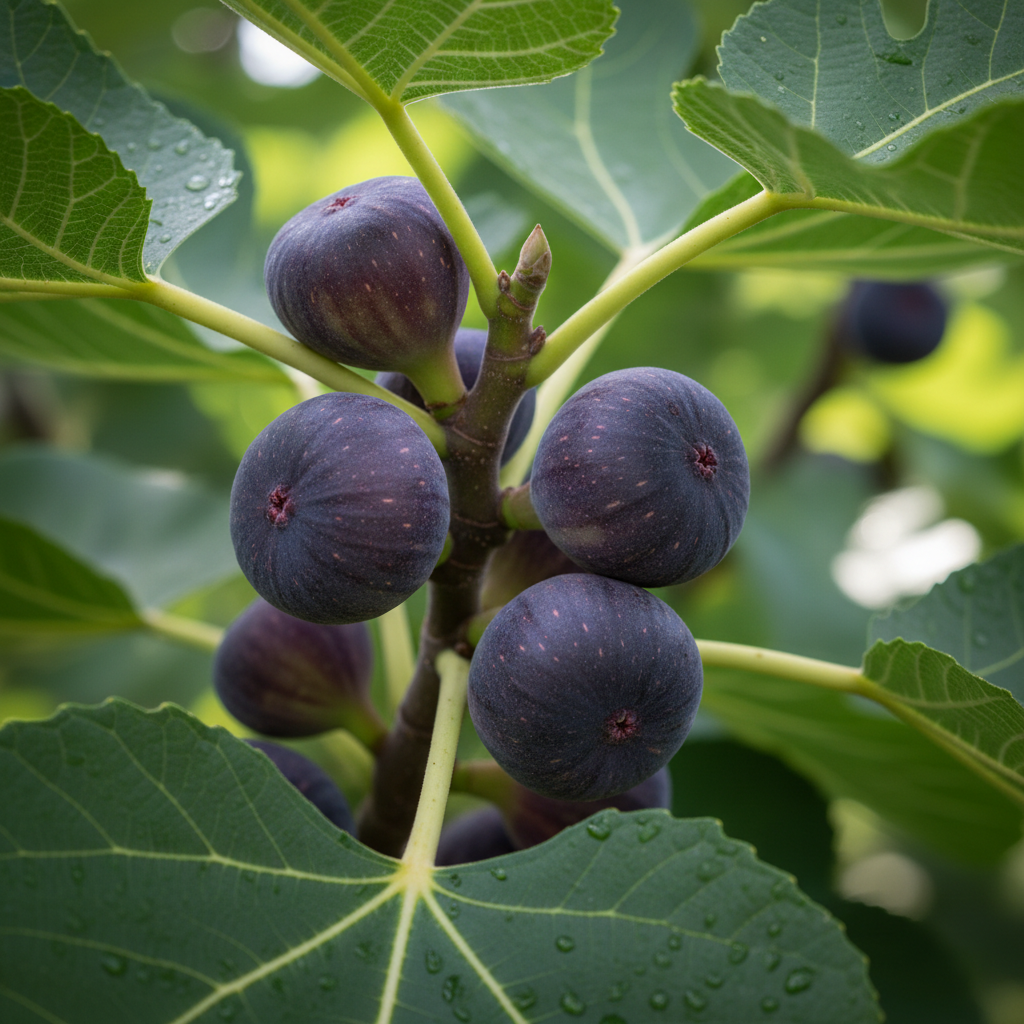 Early breba figs hanging on fig tree branches in late spring, small and deep purple against green leaves