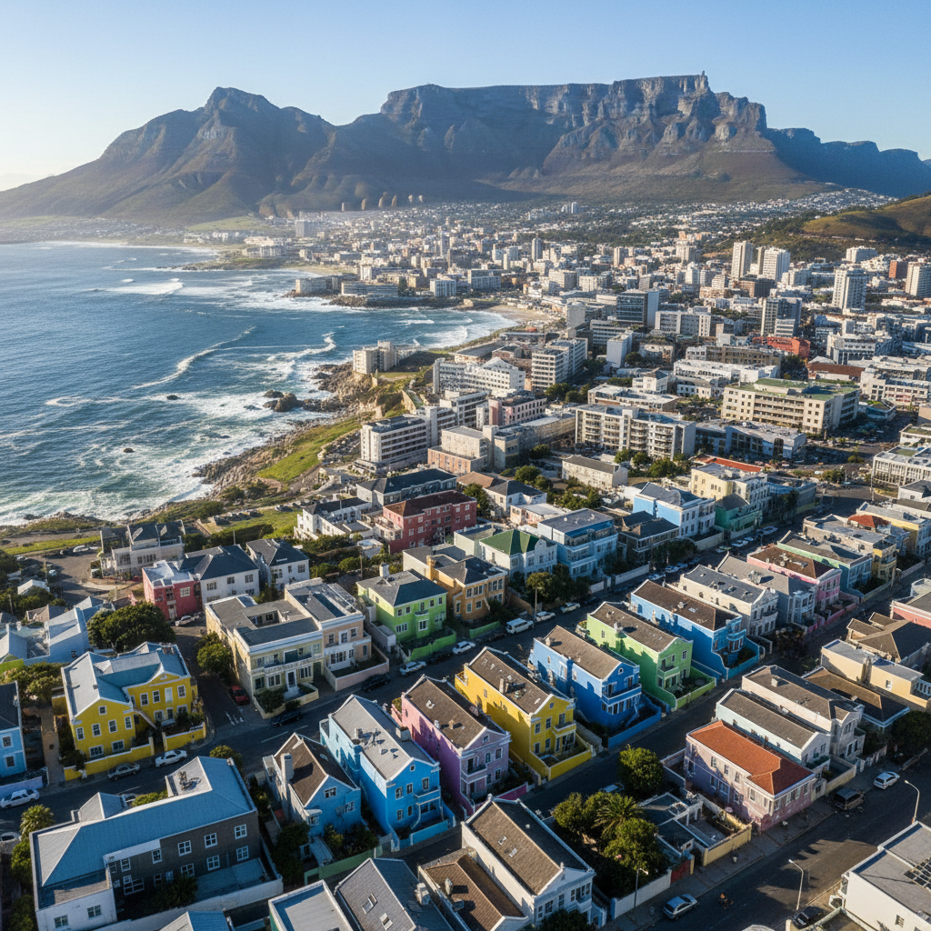 Aerial view of Cape Town coastline with Table Mountain backdrop, bright sunlit panoramic landscape, open sky, well-lit