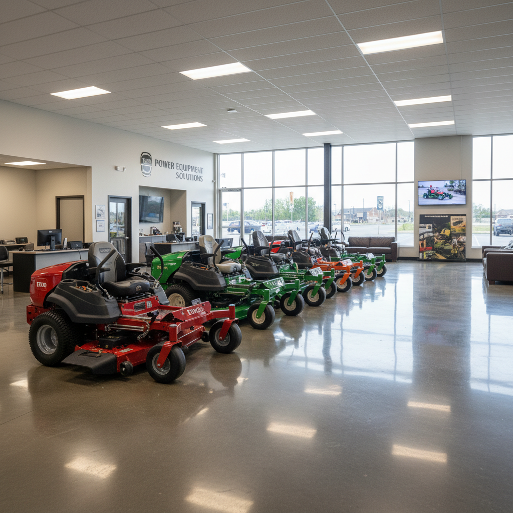 Interior of Palm Beach County Mowers dealership with commercial mowers on display, well-lit showroom floor