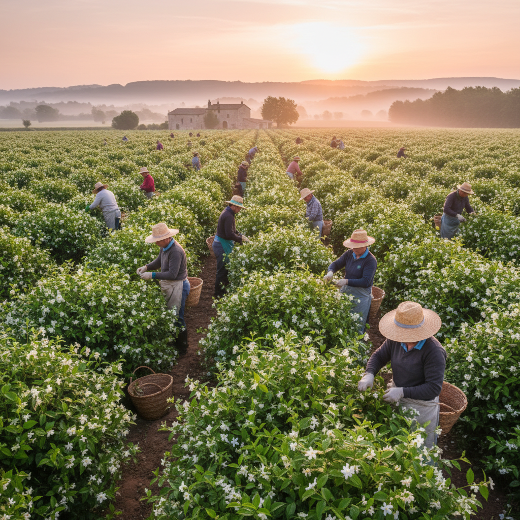 Jasmine flowers in early morning light in the fields of Grasse, France, with soft mist and golden sunrise