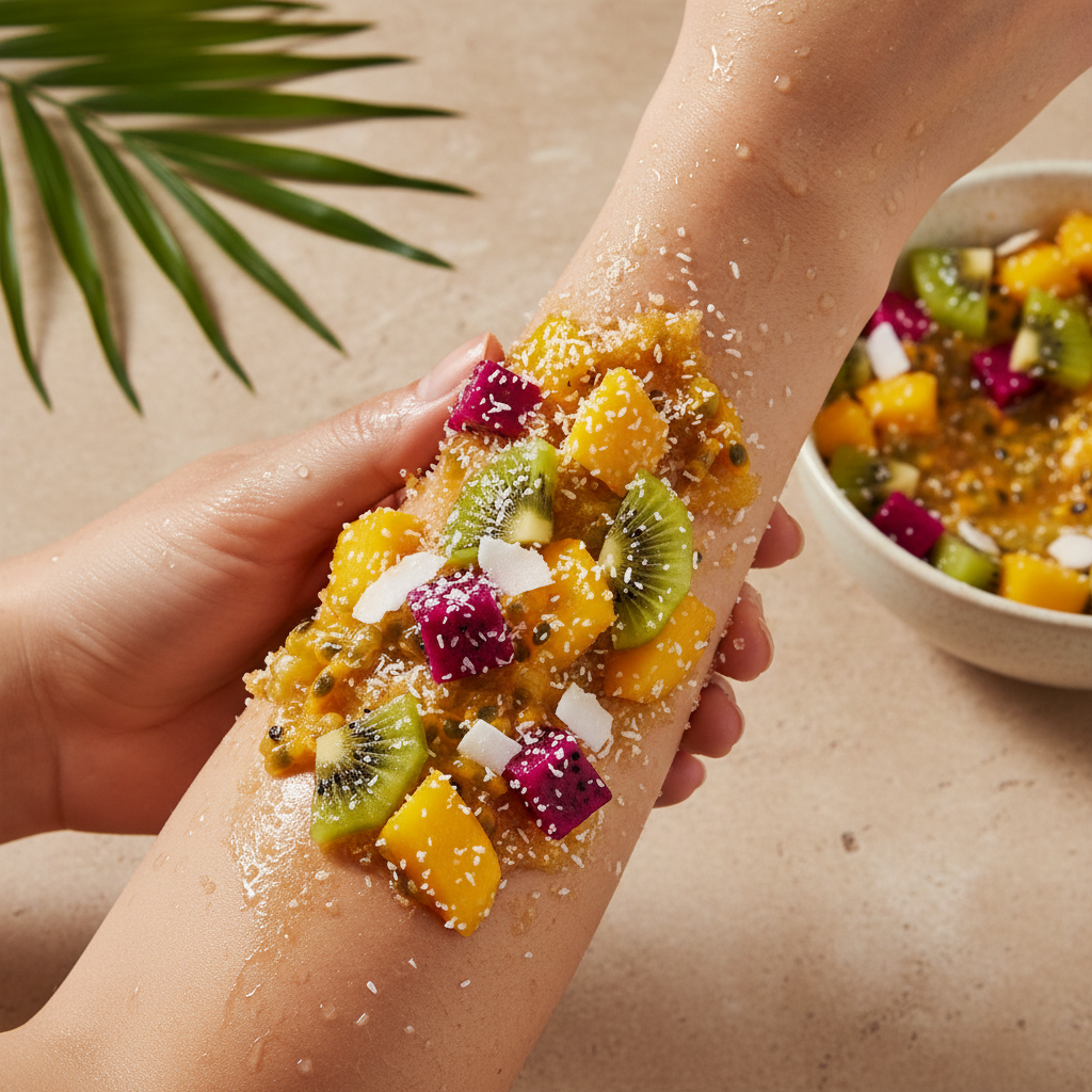 Tropical fruit body scrub being applied to arms with coconut and papaya extracts