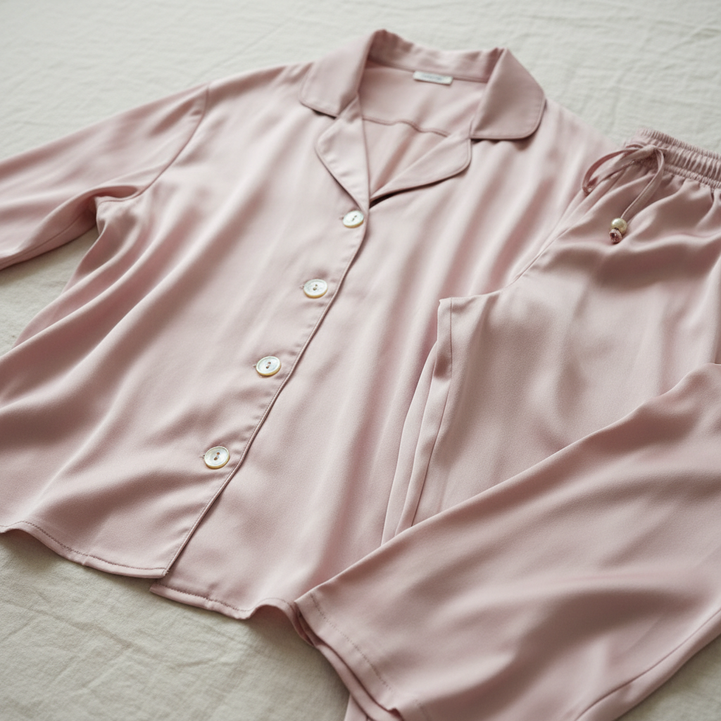 Soft white cotton pajamas with floral print on pastel pink background, bright light