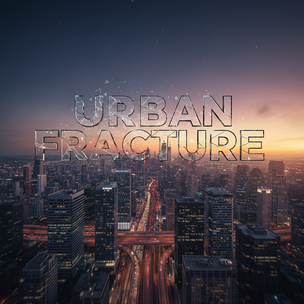 Title sequence still — shattered glass typography dissolving over city skyline at dusk