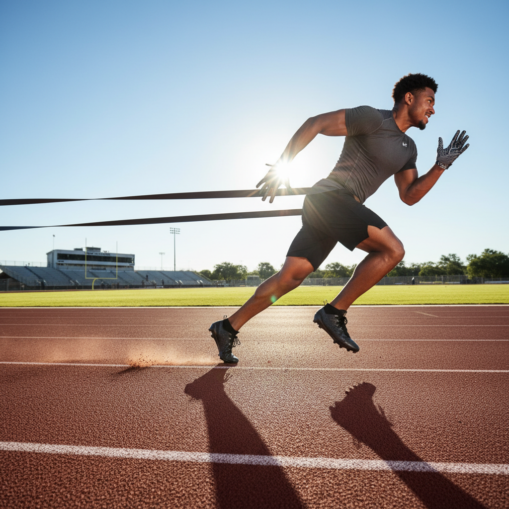 Football player performing explosive sprint drills on field, athletic training, powerful movement