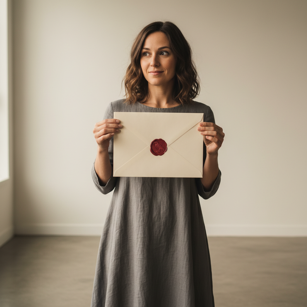 Elena Vasquez holding the wax-sealed mystery envelope