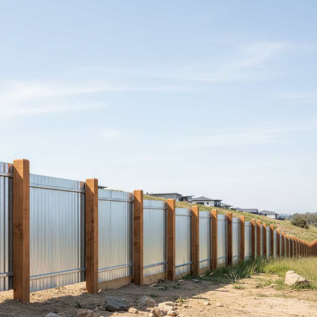 Potrero Hill corrugated metal privacy fence with cedar accent posts on hillside lot
