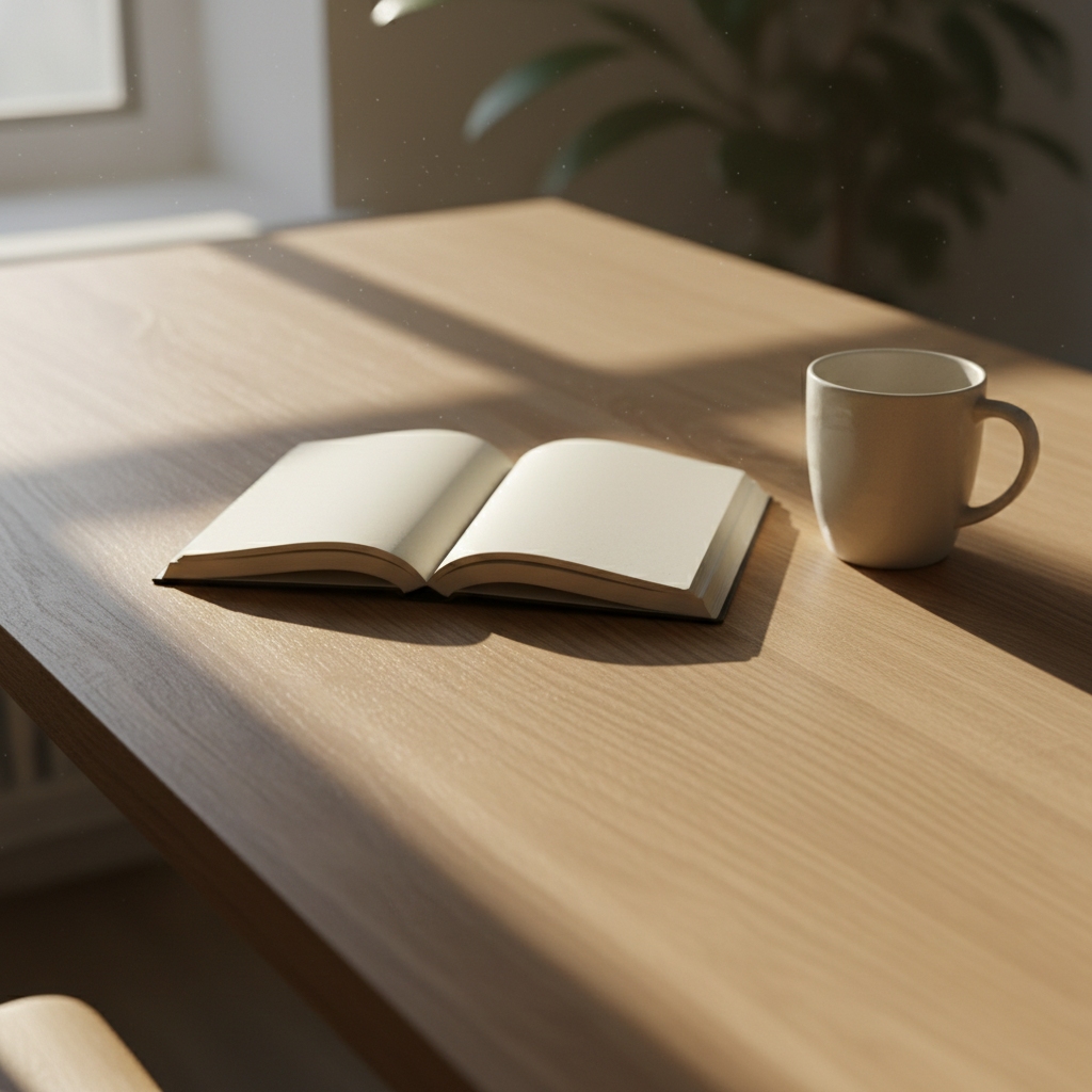Clean desk with open notebook, pen, and single coffee cup in morning light