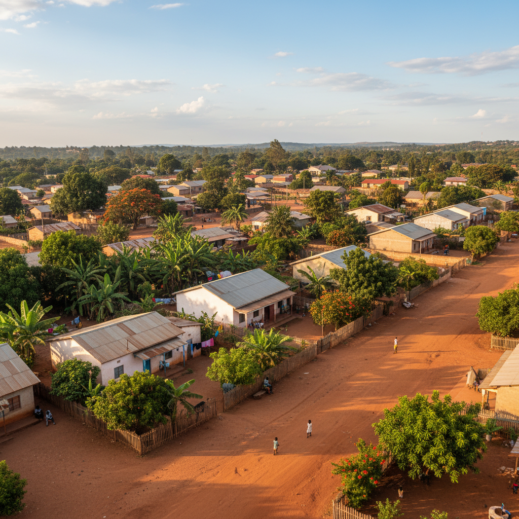 Aerial view of African village with green landscape and scattered buildings in soft morning light