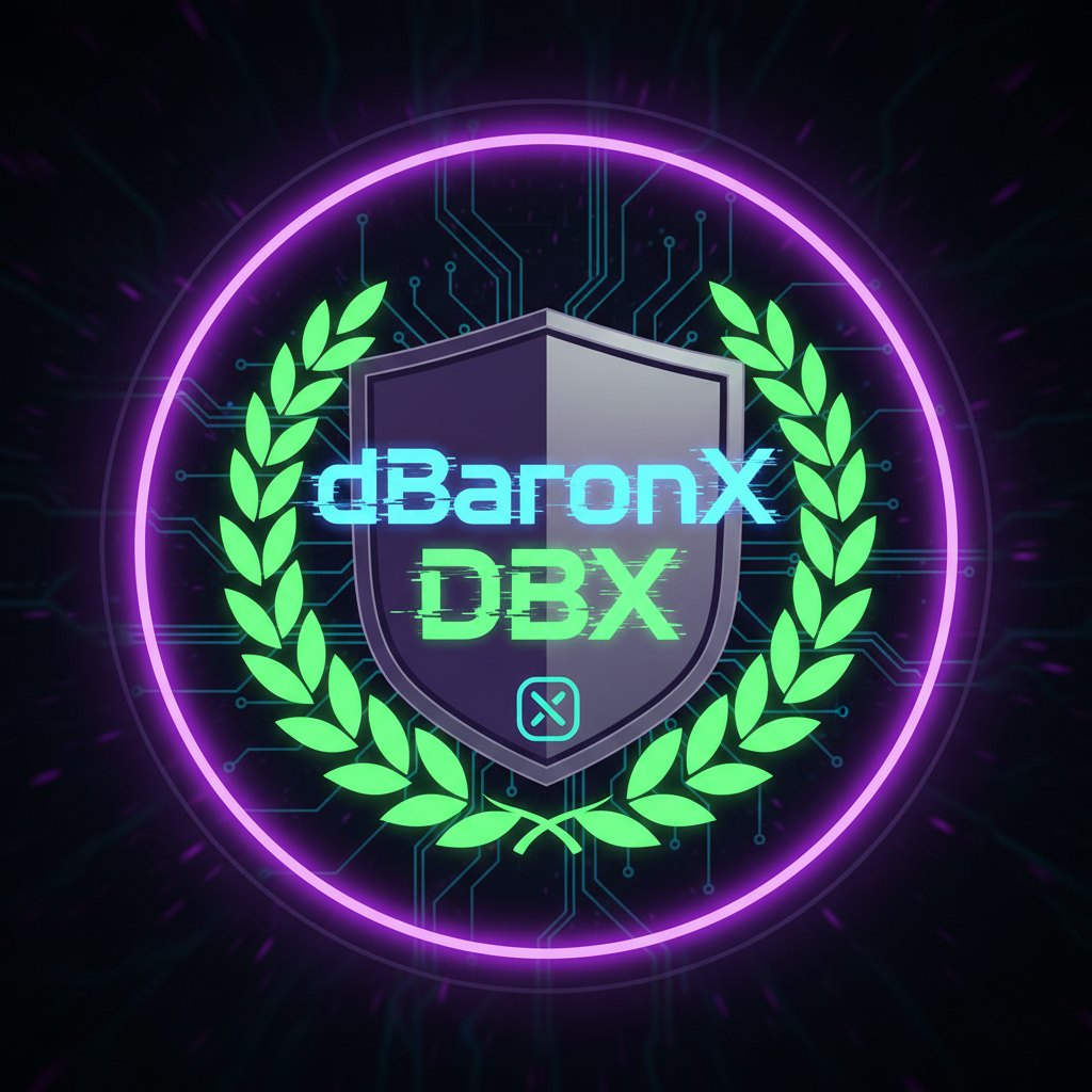 dBaronX DBX official token logo — glowing purple circle with circuit board background and green laurel wreath