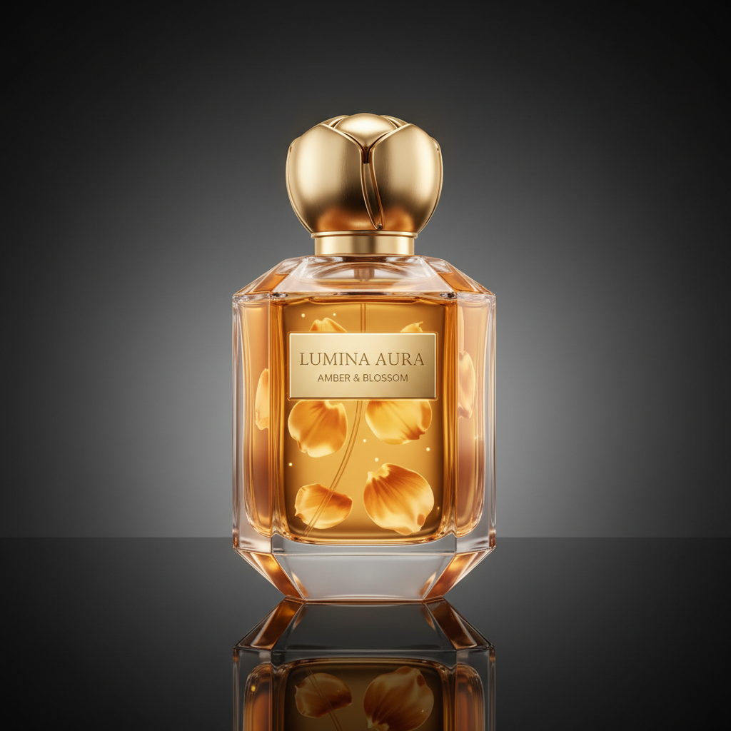 Elegant glass perfume bottle surrounded by dark petals, moody low-key candlelit atmosphere