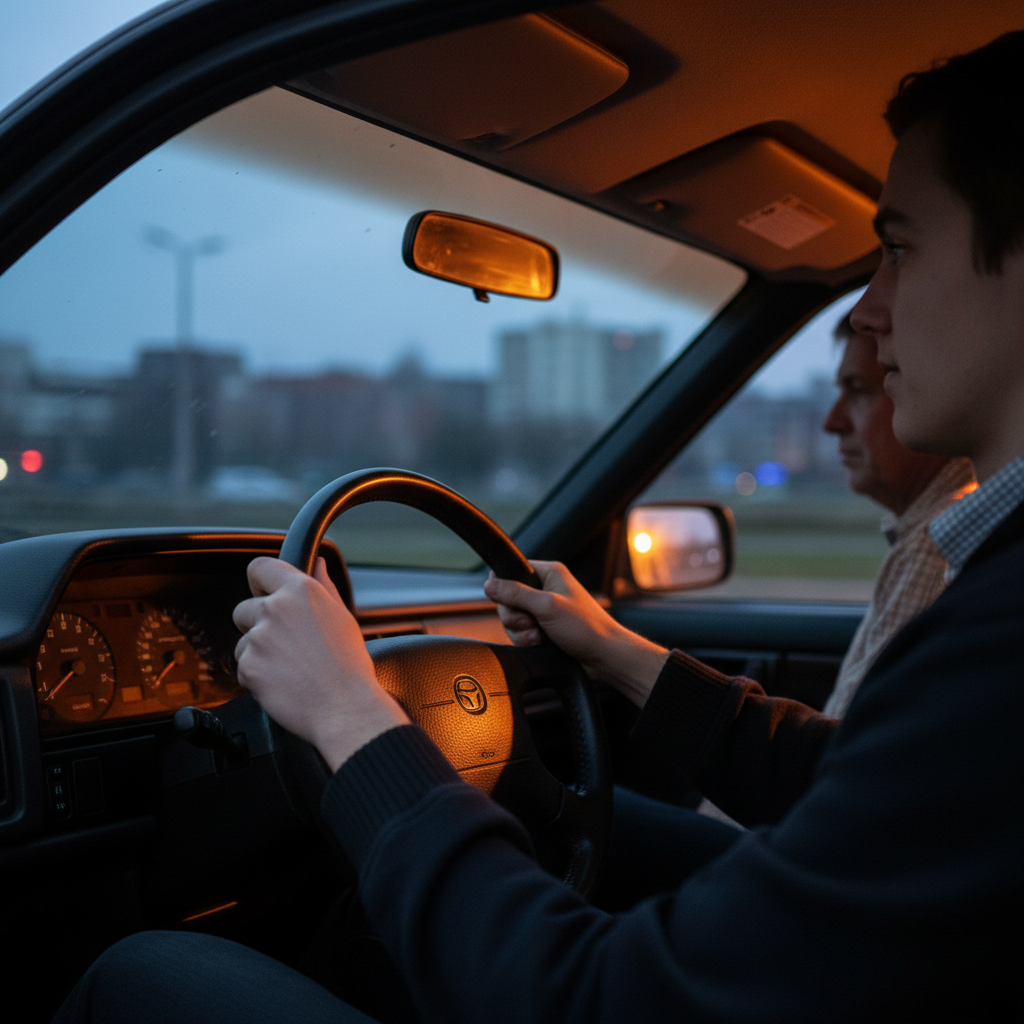 Learner driver with hands at ten-and-two on steering wheel, dashboard instruments glowing amber at twilight, instructor silhouette in peripheral right