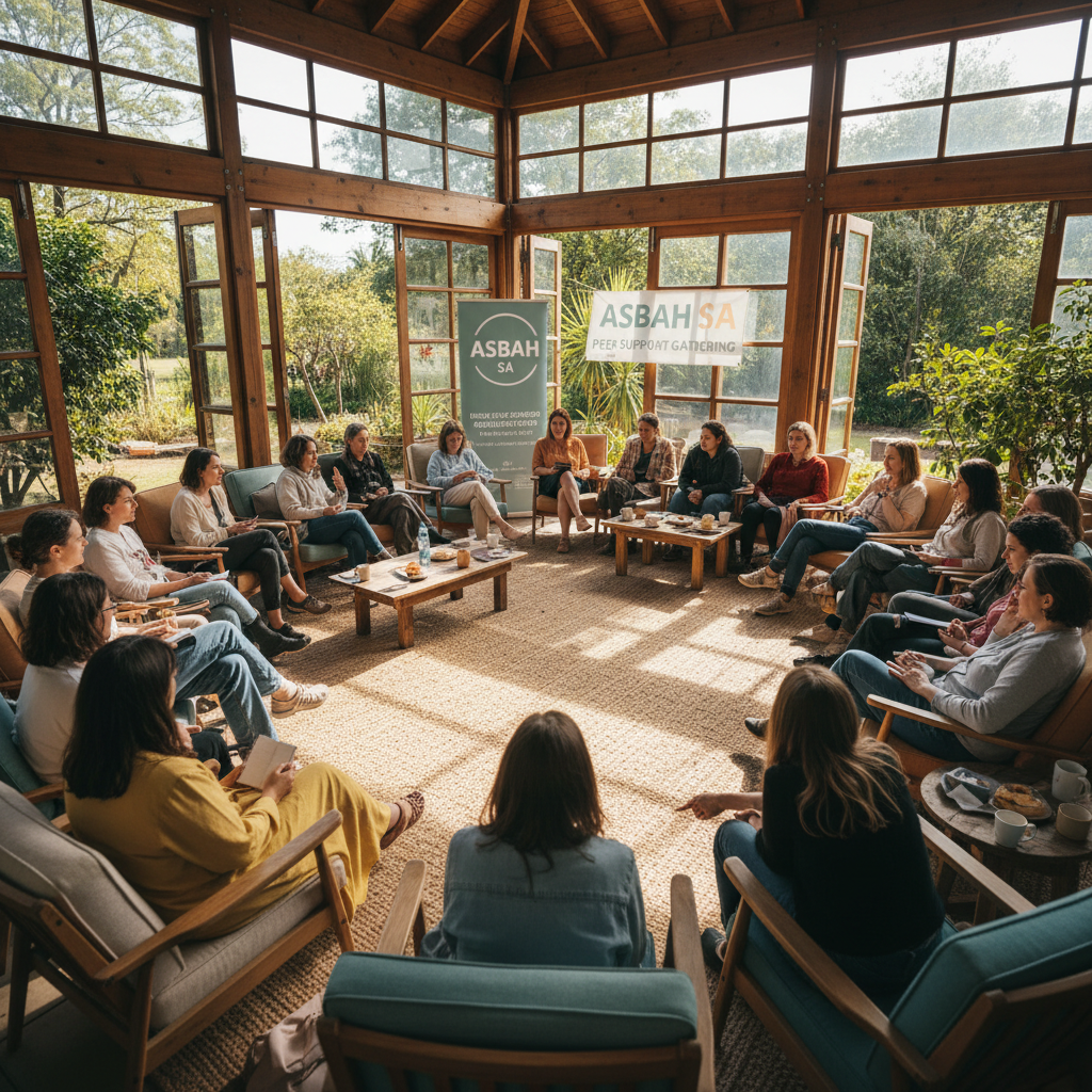 Participants at the Asbah SA June 2021 community gathering engaging in peer support activities and sharing experiences