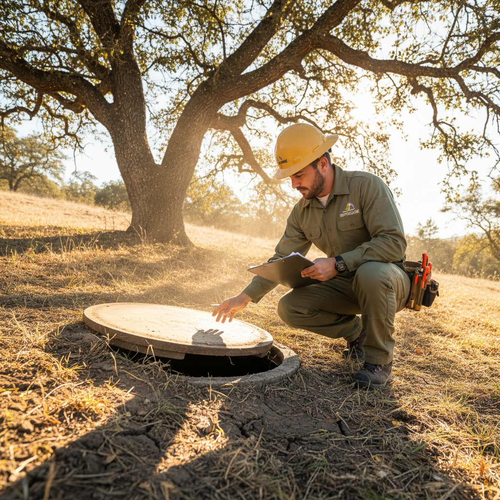 Uniformed SepticGuide technician crouching beside an open septic access lid on a sun-drenched hillside lot in the San Fernando Valley, clipboard in hand, mature oak casting a diagonal shadow across dry patchy grass