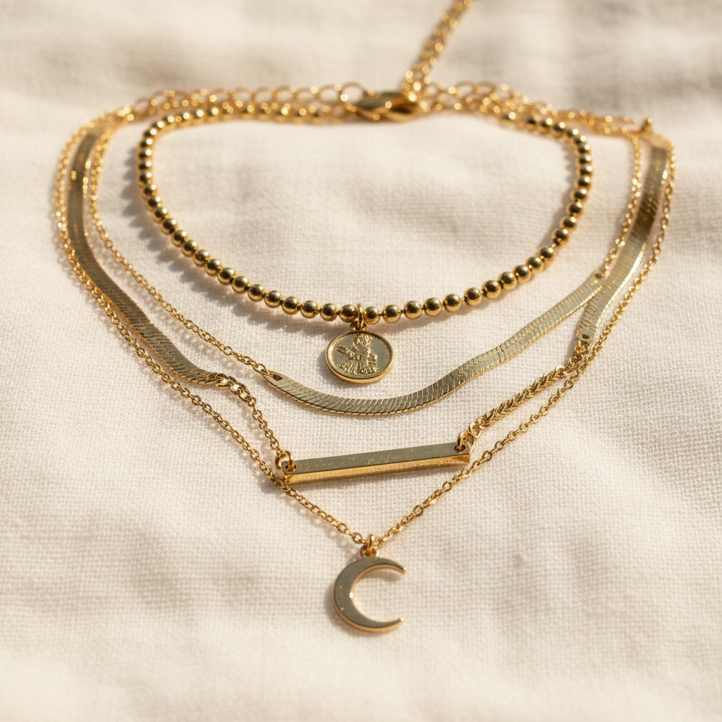 New summer jewellery collection spread on bright sandy surface — gold pieces glinting in natural sunlight