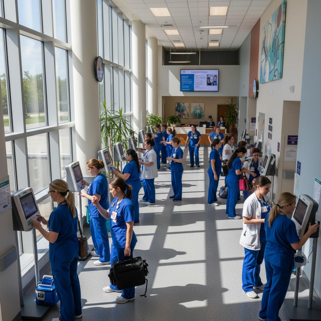 Nurses and healthcare workers clocking in at a hospital facility