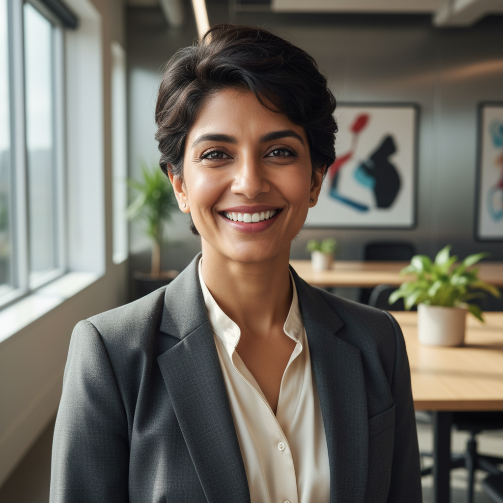 Professional Indian woman architect in white shirt holding blueprints in modern studio
