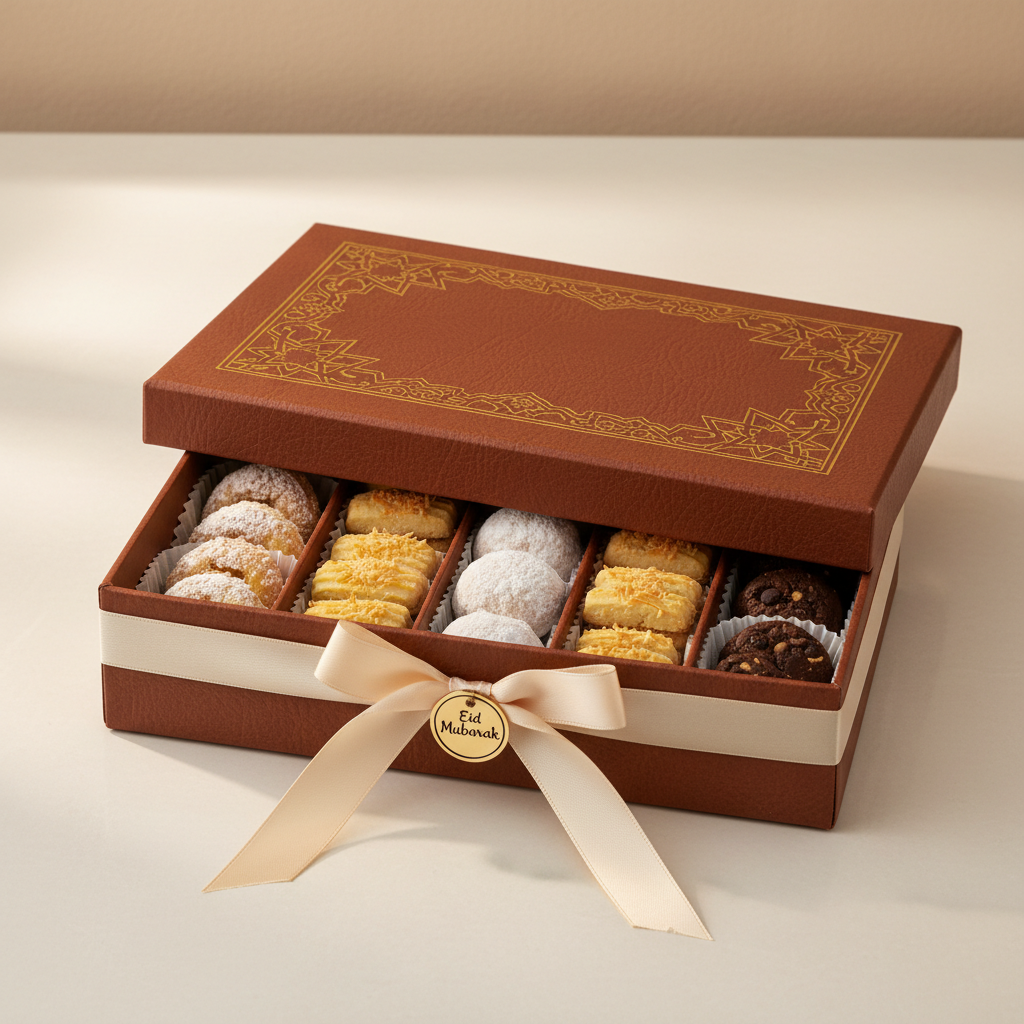Eid celebration gift box with golden packaging in bright ambient light