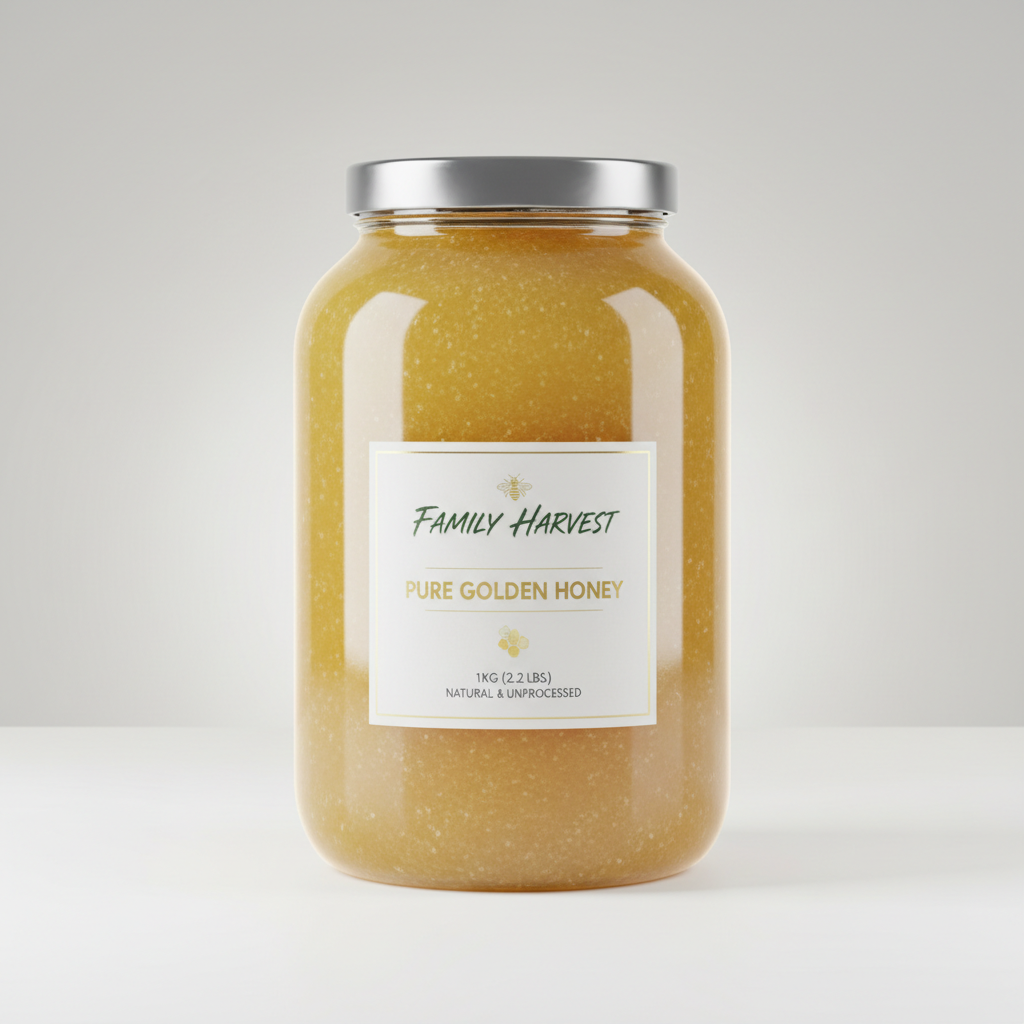 HIVON Multifloral Honey jar front view with golden label on cream background, bright studio lighting