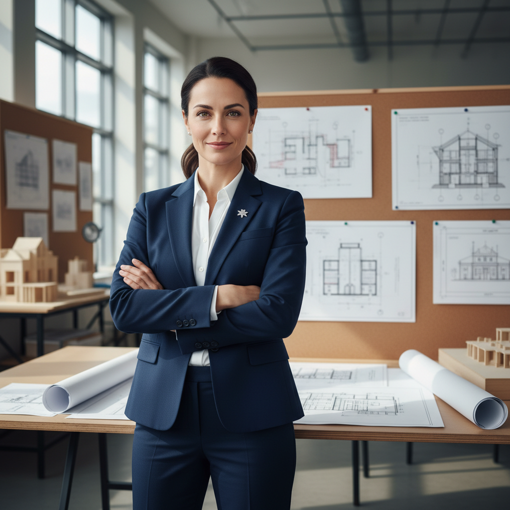 Elena Voss, Chief Engineer, professional woman in business attire, architectural drawings visible in background