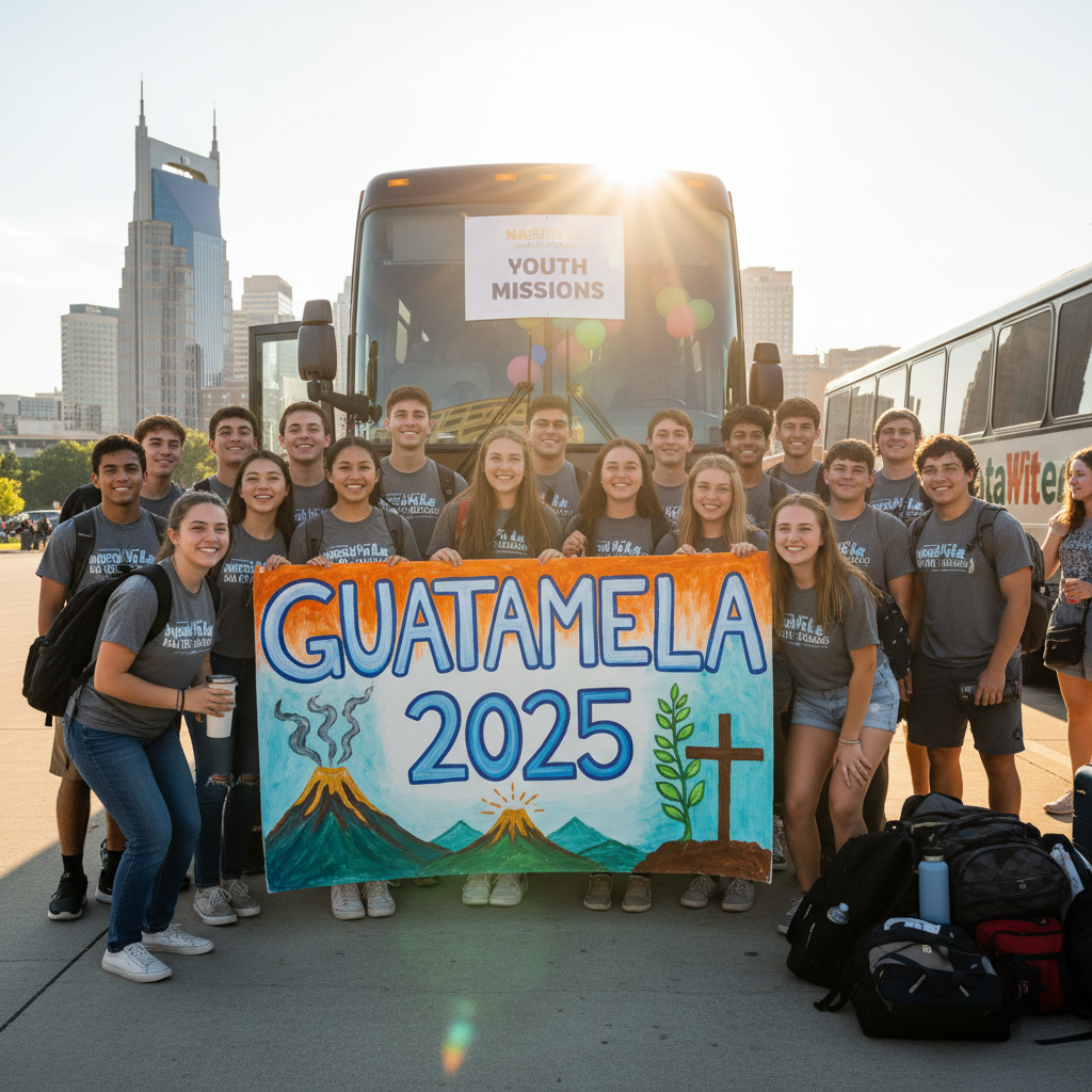 Youth mission team from Nashville gathered before departure, holding painted sign that reads Guatemala 2025