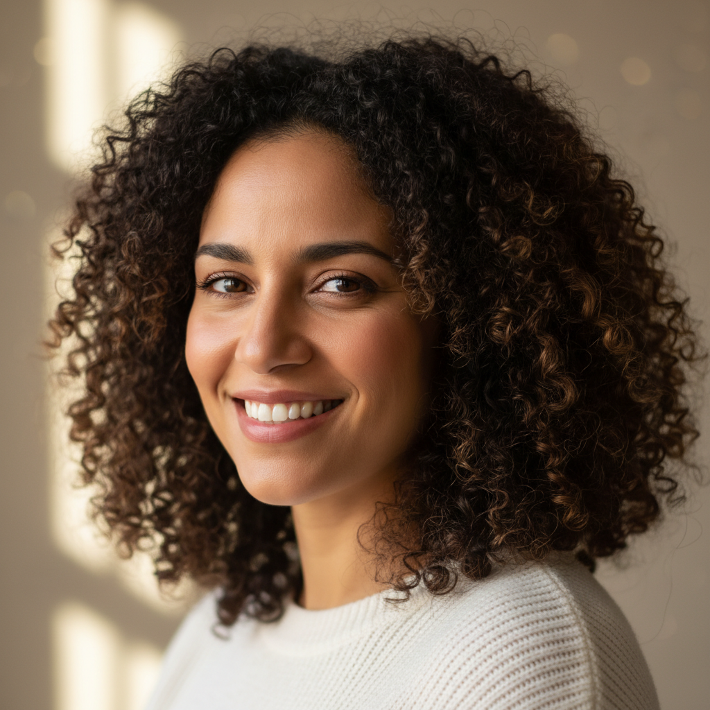 Latina nurse practitioner in scrubs smiling warmly in a bright clinic hallway, confident and approachable