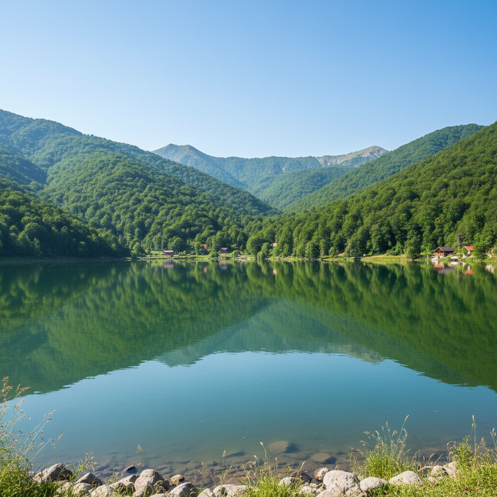 Qabala region in Azerbaijan with Nohur Lake and lush green mountain forests