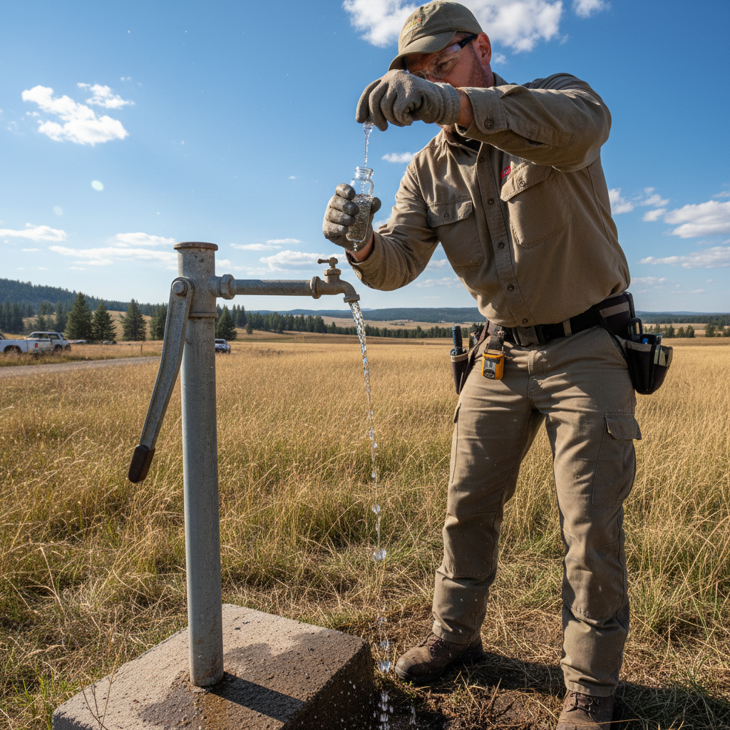Field technician collecting water sample in a glass vial beside a borehole pump in rural Ethiopia