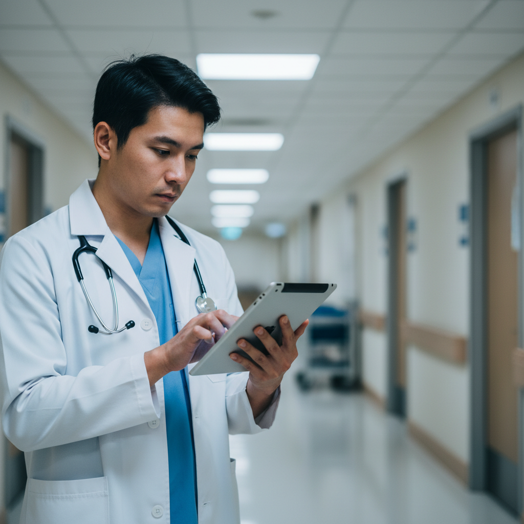 Male Asian doctor in clinical environment reviewing patient information