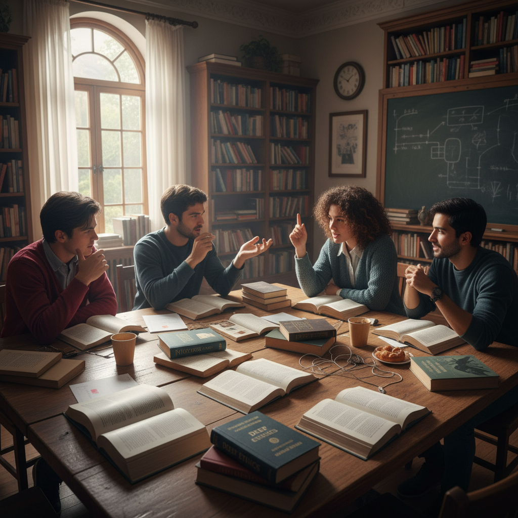 Students in animated philosophical debate around a table covered with philosophy texts