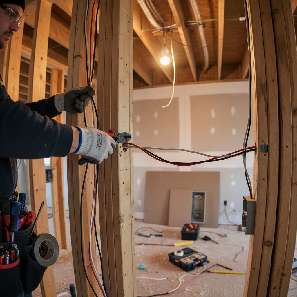 Electrician installing wiring in residential home with warm interior lighting