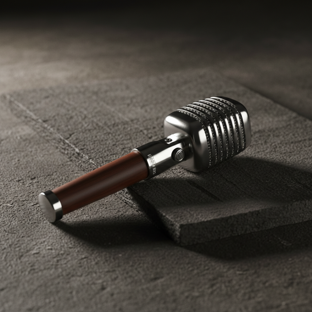 Professional podcast microphone in dark studio with soft backlight, moody atmospheric recording environment