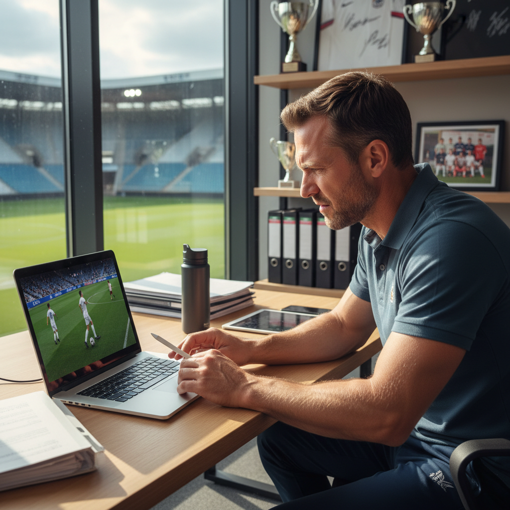 Athletic director reviewing game footage on laptop in stadium office