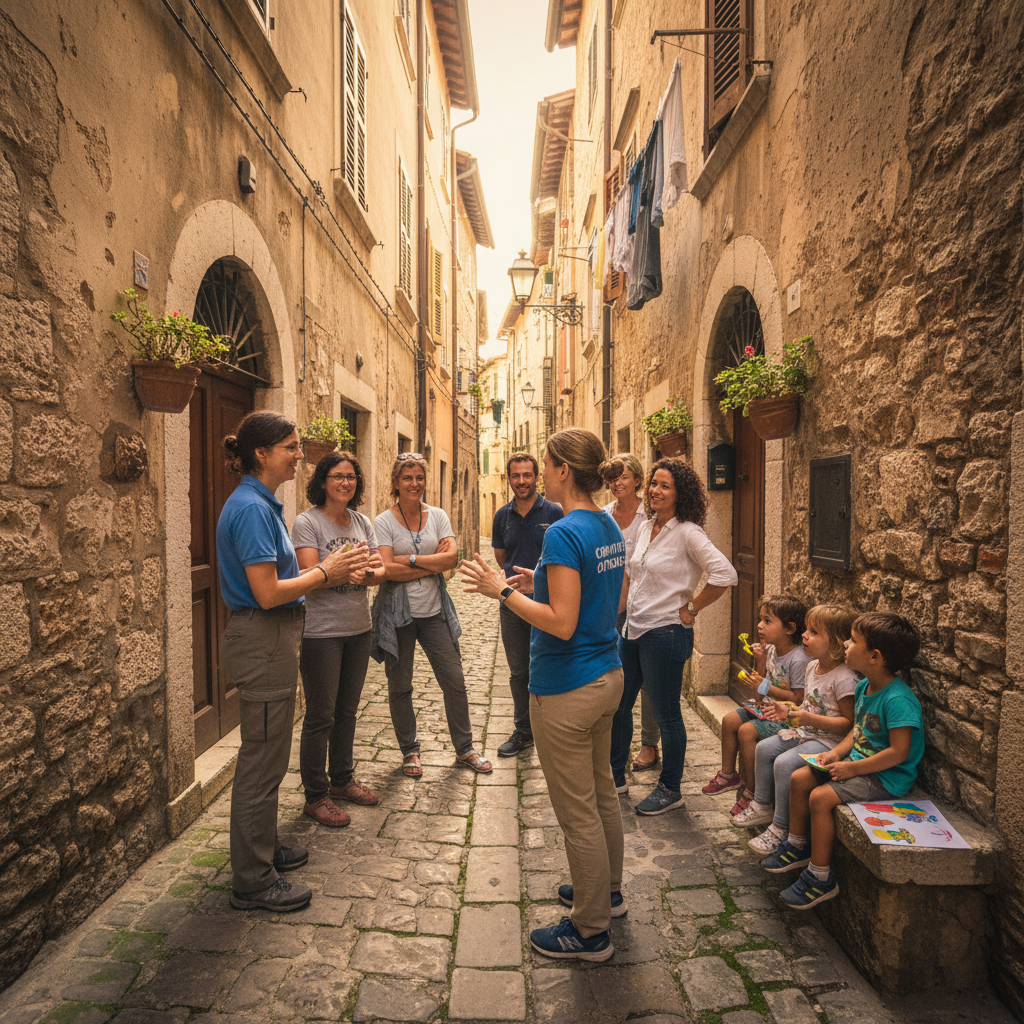 Volunteer speaking with community members in a narrow lane, children watching curiously, natural daylight