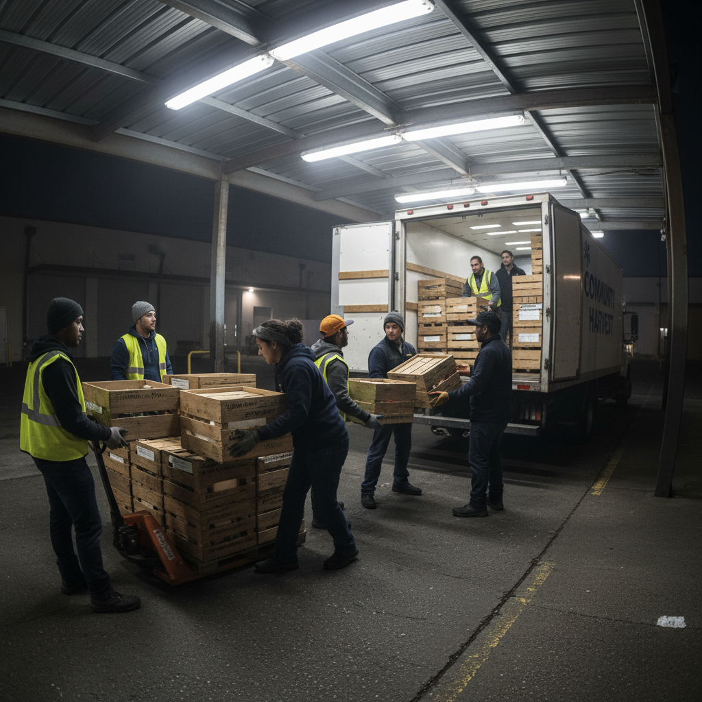 Professional food logistics team loading refrigerated delivery truck in organized warehouse facility, well-lit loading dock