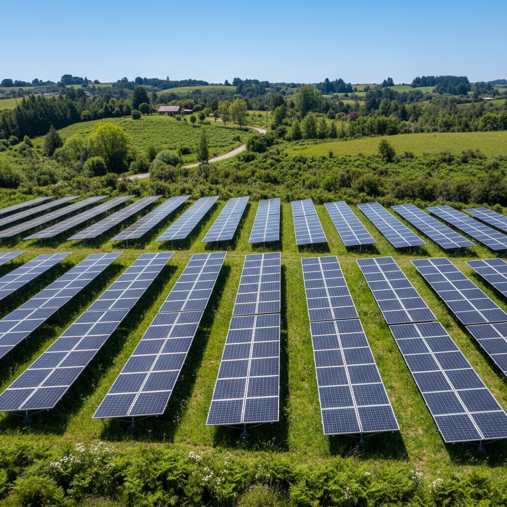 Rangées de panneaux solaires photovoltaïques industriels installés sur champ africain, ciel bleu clair, installation parfaite