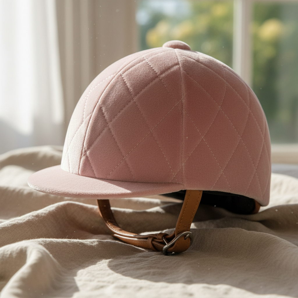 Close-up of a pastel velvet riding helmet on a natural linen background, soft morning light casting gentle shadows