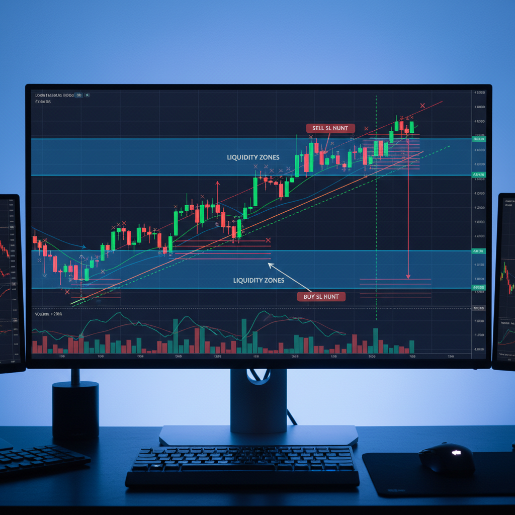 Professional forex trading terminal showing liquidity zones and stop hunt patterns in dark trading environment