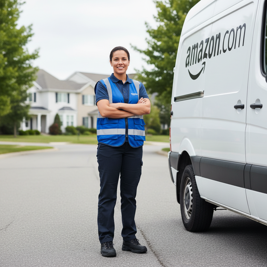 Delivery driver in Amazon-branded vest standing beside a delivery van, arms crossed, direct eye contact
