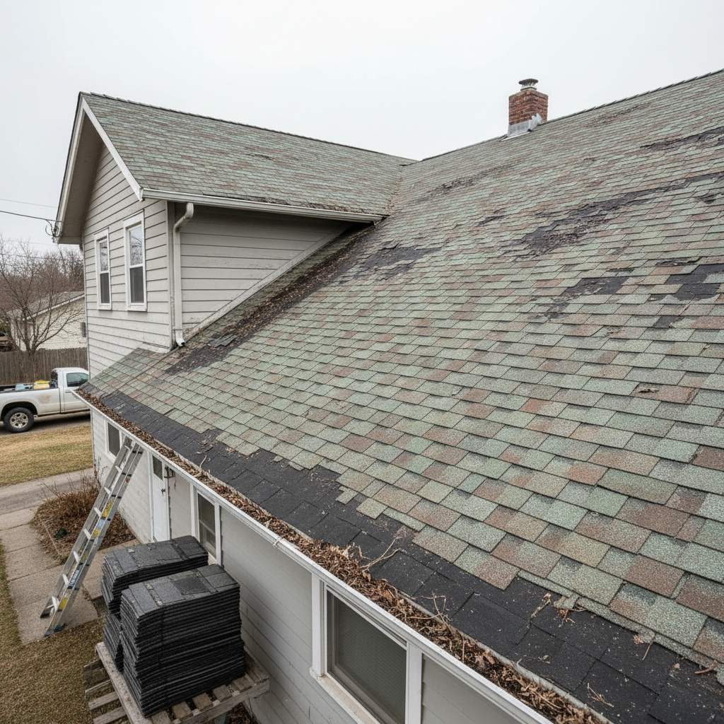 Worn aging roof with damaged shingles on a residential home in Anaheim Hills, daylight showing deterioration and discoloration