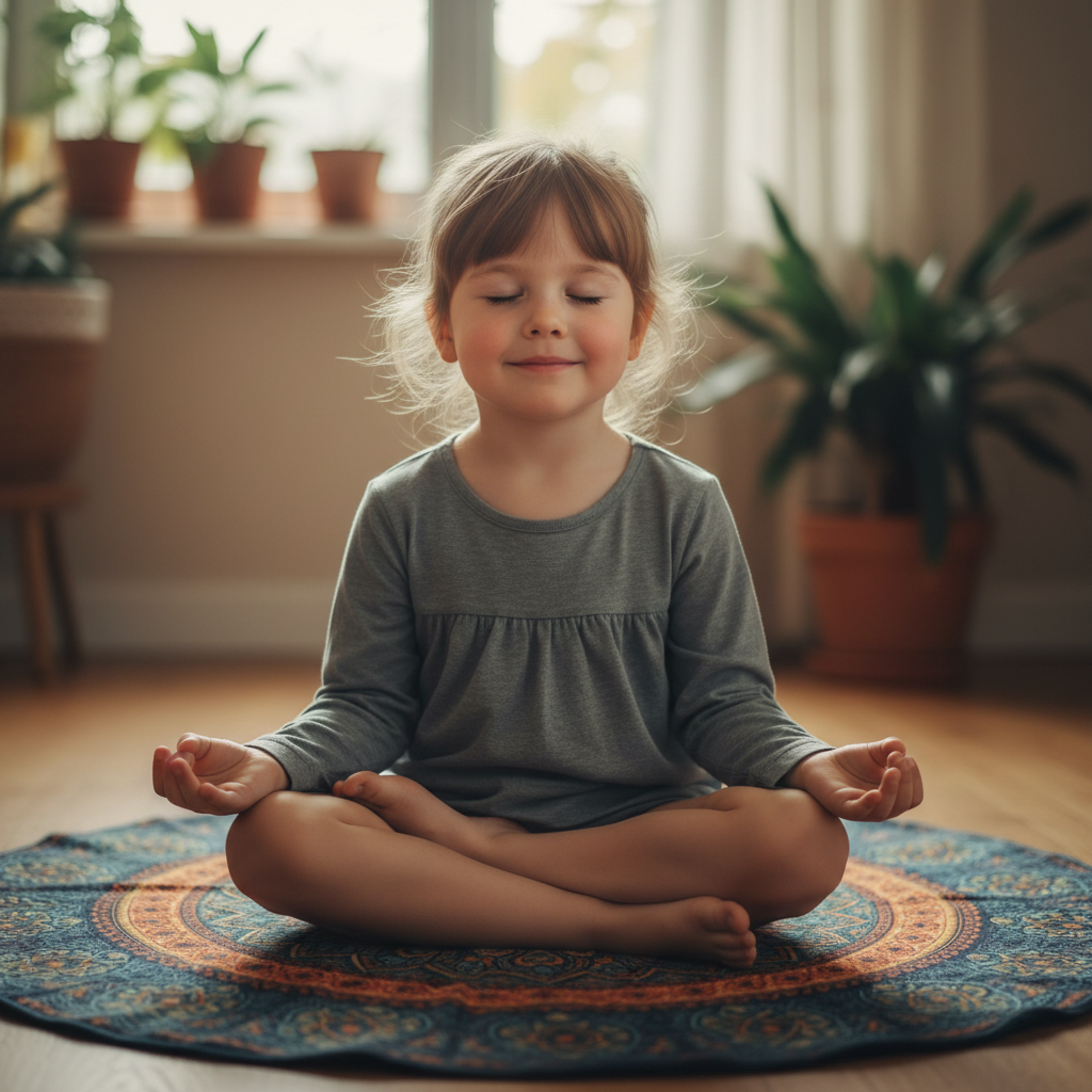Child with eyes closed in calm meditation pose, sitting cross-legged on colorful mat